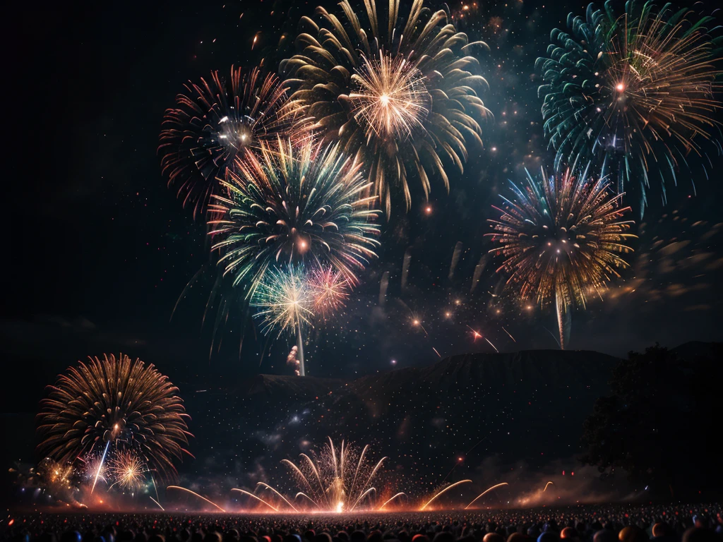 a spectacular fireworks display in a night sky, detailed colorful exploding fireworks, dramatic lighting and sparks, cinematic composition, wide angle view, 4k, hyper detailed, vibrant colors, realistic, photorealistic, professional lighting, glowing embers, dramatic chiaroscuro, moody atmosphere, long exposure, dynamic motion blur, dramatic silhouettes, cinematic framing, stunning visual effects