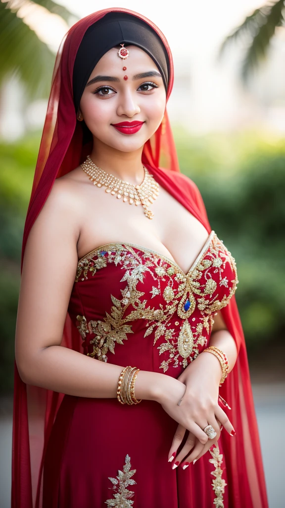 Beautiful, cute baby Face, 16 Years old Pakistani Girl, red lipstick, sensual Lipstick, dark red lipstick,blue eyes, (wearing hijab) and sexy kebaya dress, Rounded small Breast, cleavage cutout, slightly Chubby , luxury necklace, White Skin, Smiling, Dark City Background, mid shot, upper body, Perfect Potrait, Bokeh Effect, Look at Viewer, Armpit, Perfect Eye, Perfect Hand, Perfect Finger, Bracelet, Ring, big breast, ((adorable:1.2)), ((masterpiece:1.1)), ((bokeh:1.2)),