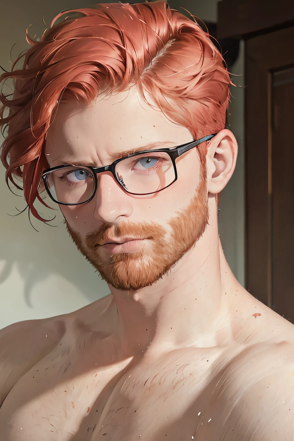 A portrait of a handsome redhead young man with short hair wearing glasses looking sternly at the camera, shirtless, (Best quality, 4k, Masterpiece :1.3), pink nipples, pale skin, lean, closeup, symmetrical eyes, facial hair, skinny, headshot, messy hair