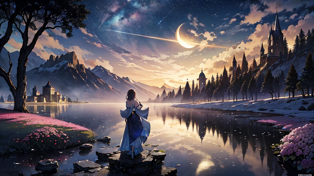 Create a stunning fantasy landscape with a mystical, dreamlike atmosphere. The scene is set at night, illuminated by a colossal, glowing full moon dominating the sky, casting a soft golden light over the entire landscape. The sky is filled with stars, a distant planet, and a spaceship in flight, enhancing the otherworldly feel.In the foreground, a young girl stands on a small rock in a serene lake, her back turned to the viewer, gazing towards the moonlit horizon. She is dressed in a flowing, old-fashioned gown that sways gently. Surrounding her are lush, vibrant flowers and plants, adding rich colors and life to the scene. The water reflects the moonlight, creating a shimmering path that leads towards a grand, ancient castle in the background, perched on a hill and partially shrouded in mist.The castle is adorned with spires and turrets, exuding a sense of mystery and ancient majesty. On the right side, a statue of a mermaid sits pensively on a stone pedestal, further adding to the magical ambiance. In the mid-ground, there are other figures, possibly travelers or guardians, adding depth and a sense of scale to the scene.The overall mood of the image is serene, enchanting, and slightly melancholic, capturing a moment of awe and wonder as the girl contemplates the majestic view before her. The composition should highlight the vastness of the night sky, the grandeur of the castle, and the tranquil beauty of the natural surroundings, creating a rich and immersive fantasy world.