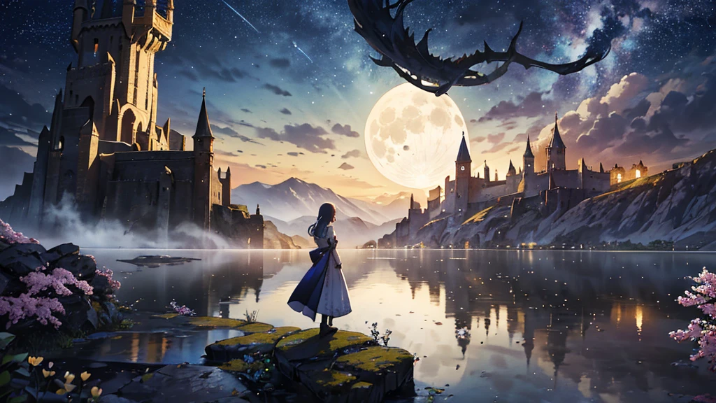Create a stunning fantasy landscape with a mystical, dreamlike atmosphere. The scene is set at night, illuminated by a colossal, glowing full moon dominating the sky, casting a soft golden light over the entire landscape. The sky is filled with stars, a distant planet, and a spaceship in flight, enhancing the otherworldly feel.In the foreground, a young girl stands on a small rock in a serene lake, her back turned to the viewer, gazing towards the moonlit horizon. She is dressed in a flowing, old-fashioned gown that sways gently. Surrounding her are lush, vibrant flowers and plants, adding rich colors and life to the scene. The water reflects the moonlight, creating a shimmering path that leads towards a grand, ancient castle in the background, perched on a hill and partially shrouded in mist.The castle is adorned with spires and turrets, exuding a sense of mystery and ancient majesty. On the right side, a statue of a mermaid sits pensively on a stone pedestal, further adding to the magical ambiance. In the mid-ground, there are other figures, possibly travelers or guardians, adding depth and a sense of scale to the scene.The overall mood of the image is serene, enchanting, and slightly melancholic, capturing a moment of awe and wonder as the girl contemplates the majestic view before her. The composition should highlight the vastness of the night sky, the grandeur of the castle, and the tranquil beauty of the natural surroundings, creating a rich and immersive fantasy world.