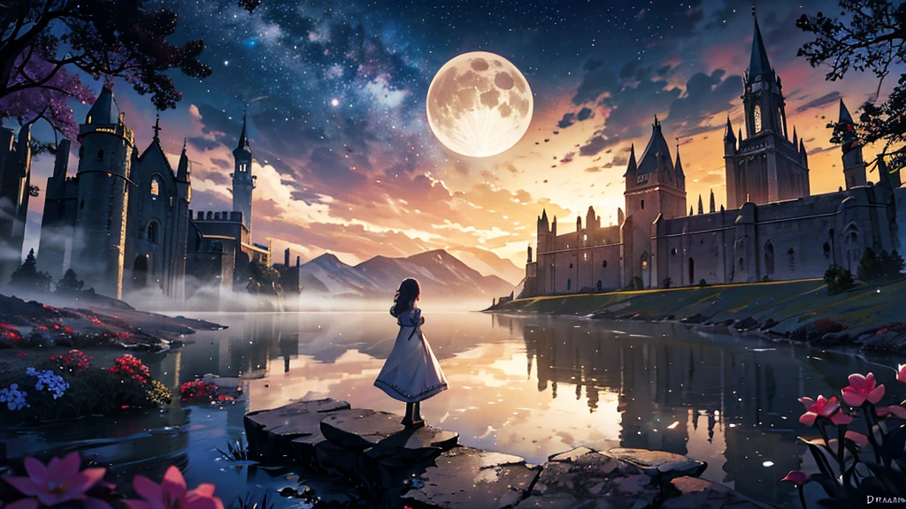 Create a stunning fantasy landscape with a mystical, dreamlike atmosphere. The scene is set at night, illuminated by a colossal, glowing full moon dominating the sky, casting a soft golden light over the entire landscape. The sky is filled with stars, a distant planet, and a spaceship in flight, enhancing the otherworldly feel.In the foreground, a young girl stands on a small rock in a serene lake, her back turned to the viewer, gazing towards the moonlit horizon. She is dressed in a flowing, old-fashioned gown that sways gently. Surrounding her are lush, vibrant flowers and plants, adding rich colors and life to the scene. The water reflects the moonlight, creating a shimmering path that leads towards a grand, ancient castle in the background, perched on a hill and partially shrouded in mist.The castle is adorned with spires and turrets, exuding a sense of mystery and ancient majesty. On the right side, a statue of a mermaid sits pensively on a stone pedestal, further adding to the magical ambiance. In the mid-ground, there are other figures, possibly travelers or guardians, adding depth and a sense of scale to the scene.The overall mood of the image is serene, enchanting, and slightly melancholic, capturing a moment of awe and wonder as the girl contemplates the majestic view before her. The composition should highlight the vastness of the night sky, the grandeur of the castle, and the tranquil beauty of the natural surroundings, creating a rich and immersive fantasy world.