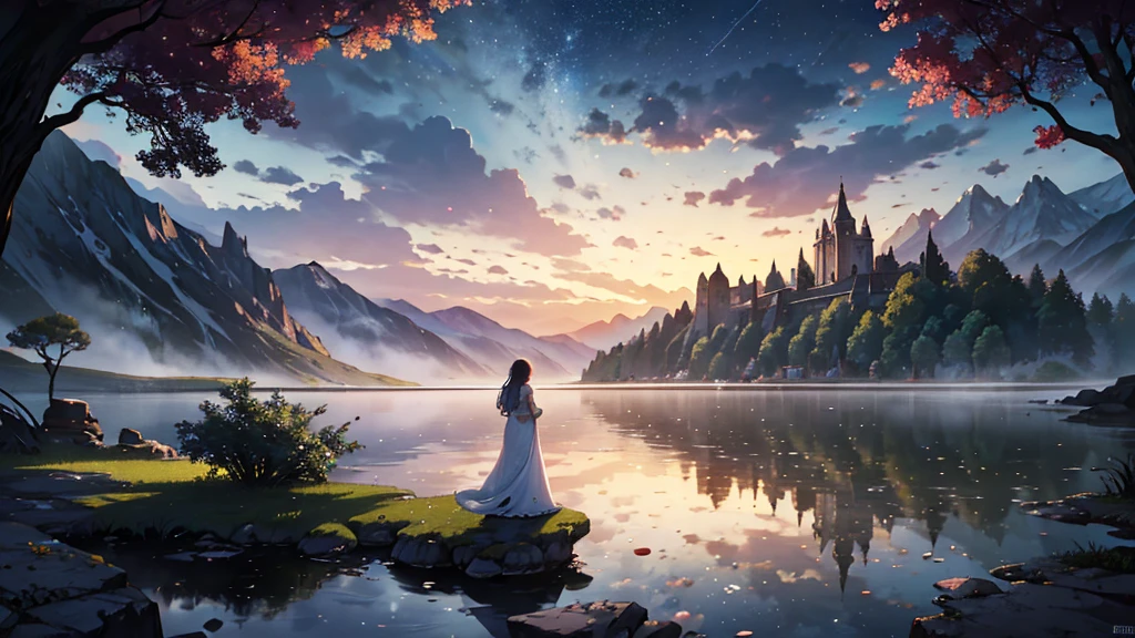 Create a stunning fantasy landscape with a mystical, dreamlike atmosphere. The scene is set at night, illuminated by a colossal, glowing full moon dominating the sky, casting a soft golden light over the entire landscape. The sky is filled with stars, a distant planet, and a spaceship in flight, enhancing the otherworldly feel.In the foreground, a young girl stands on a small rock in a serene lake, her back turned to the viewer, gazing towards the moonlit horizon. She is dressed in a flowing, old-fashioned gown that sways gently. Surrounding her are lush, vibrant flowers and plants, adding rich colors and life to the scene. The water reflects the moonlight, creating a shimmering path that leads towards a grand, ancient castle in the background, perched on a hill and partially shrouded in mist.The castle is adorned with spires and turrets, exuding a sense of mystery and ancient majesty. On the right side, a statue of a mermaid sits pensively on a stone pedestal, further adding to the magical ambiance. In the mid-ground, there are other figures, possibly travelers or guardians, adding depth and a sense of scale to the scene.The overall mood of the image is serene, enchanting, and slightly melancholic, capturing a moment of awe and wonder as the girl contemplates the majestic view before her. The composition should highlight the vastness of the night sky, the grandeur of the castle, and the tranquil beauty of the natural surroundings, creating a rich and immersive fantasy world.