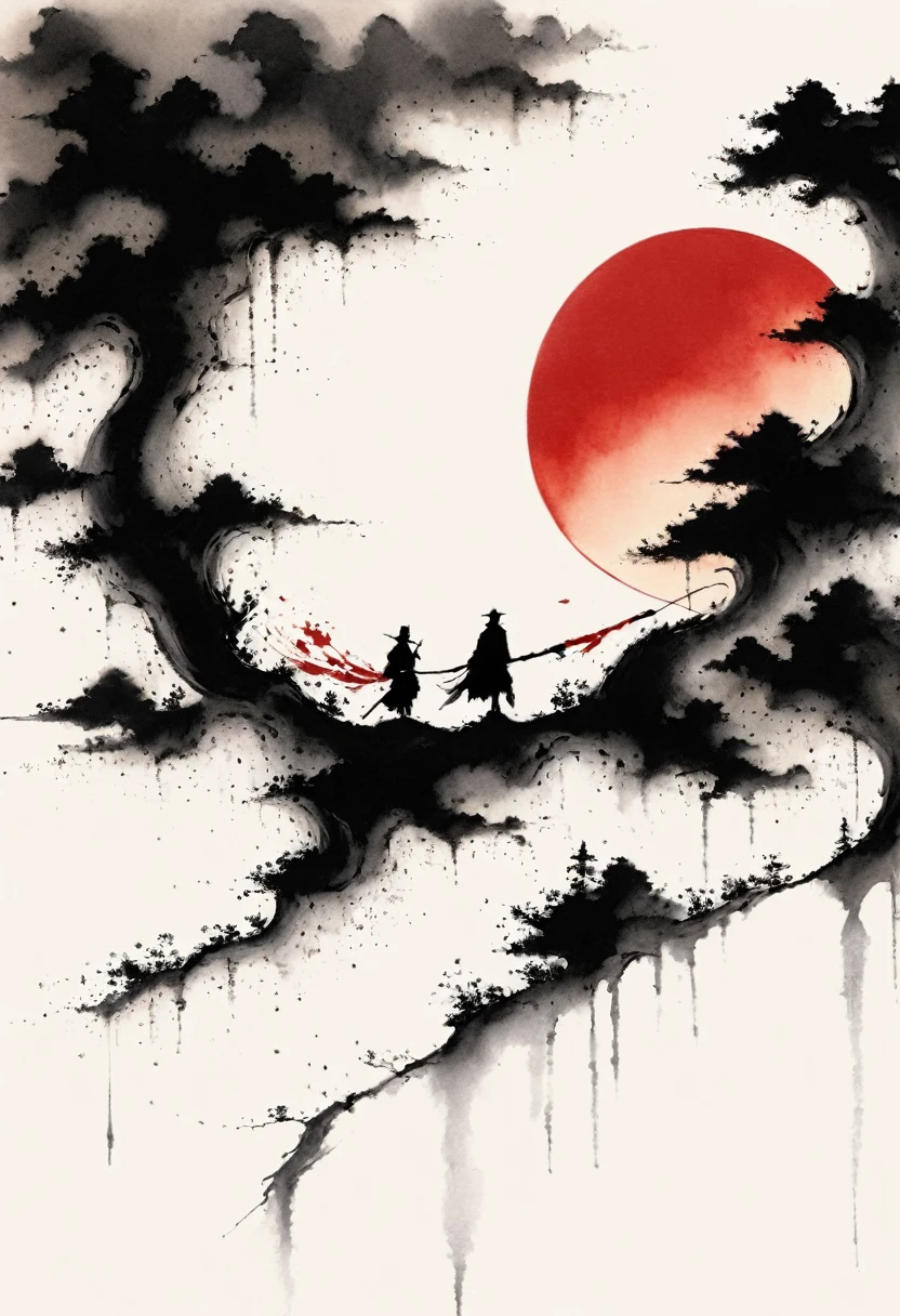 中国Ink Painting, Gray and White, Minimum,White background,The Trail, Minimalism,  Huge negative space, Ink Painting, Abstract，Blood-stained sunset，solitary Man
