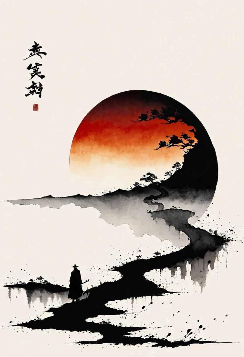 中国Ink Painting, Gray and White, Minimum,White background,The Trail, Minimalism, Huge negative space, Ink Painting, Abstract,Blood-stained sunset,solitary Man