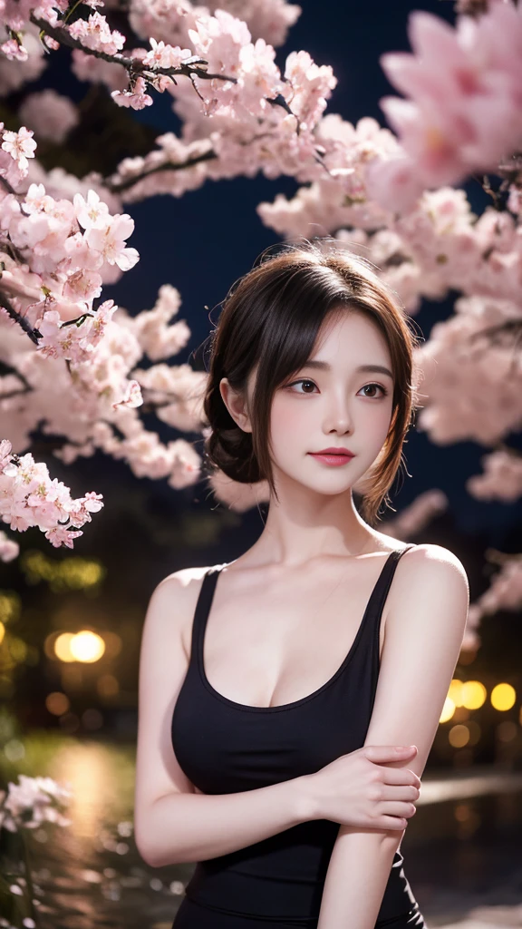 Create an enchanting illustration of a beautiful woman wearing a tank top, set against a backdrop of a sakura night park. Ensure to capture the serene beauty of the natural setting while focusing on the exquisite detail of the subject. blurry background
