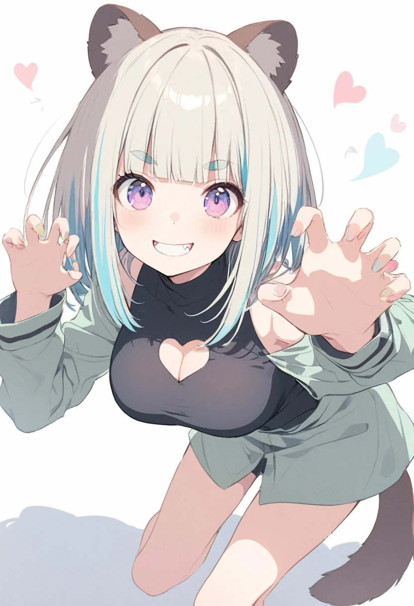 anime,(pale colors:1.8),long shot, 1girl, (on right:1.3), solo, cat mouth, dynamic angle, claw pose, grin, smile, opened mouth, all fours, fang, blue hair, bobcut, straight hair, racoon ears, racoon tail, (brown streaked hair:1.3), (blunt bangs) ,thick eyebrows, big breast, off shoulder clothes, cutout, striped and heart background, shadow,