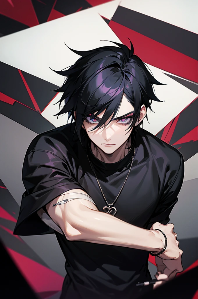 Emo boy, young man in his 20's, black clothes, 2010's emo, anime style, emo style, emo clothes, emo hair style, handsome, makeup, scene fashion
