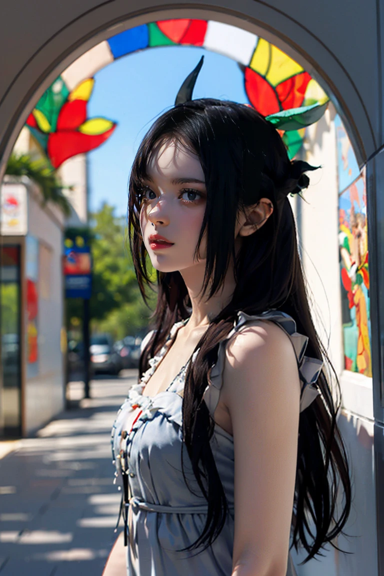 (UHigh resolution, retina, masterpiece, Accurate, Anatomically correct, Textured skin, Super detailed, Attention to detail, high quality, 最high quality, High resolution, 1080P, High resolution, 4K, 8K, 16K), (美しいAttention to detail目, Beautiful lip detail, Highly detailed eyes and face), Studio Lighting, Physically Based Rendering, Vibrant colors, (Gothic Dress), (Portraiture, Shiny Hair, Shiny skin), [Stained Glass Windows, Bokeh], (incline one's head to the side:1.2), Eye Reflexes, (blush:1), (Gothic art, Pale skin:1.5), Big Breasts