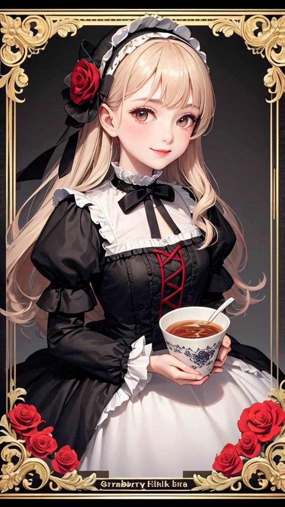 strawberry,Gothic ta,victorian era,Gothic ,one girl,Smile,GothicBackground,whole body,Red Rose,strawberry,Milk tea colored hair