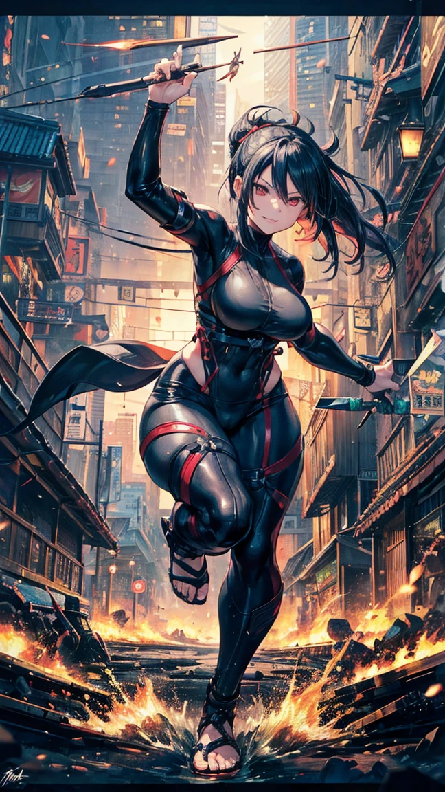 (1 mature female ninja,Age 35), ((Pub,guild)),(smile),Dynamic pose,Dynamic Angle,Pose for a photo,From below,Elderly woman、Trading Card Game Frames、Highest Rare、Five Fingers、Signature mark、Big Butt、Black Hair、Fighting Pose、Ninja costume、Full Body Suit、kunai、Japanese style cyberpunk、A ninja running through a modern city