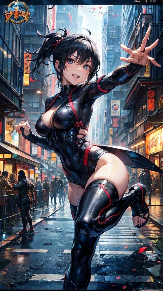 (1 mature female ninja,Age 35), ((Pub,guild)),(smile),Dynamic pose,Dynamic Angle,Pose for a photo,From below,Elderly woman、Trading Card Game Frames、Highest Rare、Five Fingers、Signature mark、Big Butt、Black Hair、Fighting Pose、Ninja costume、Full Body Suit、kunai、Japanese style cyberpunk、A ninja running through a modern city