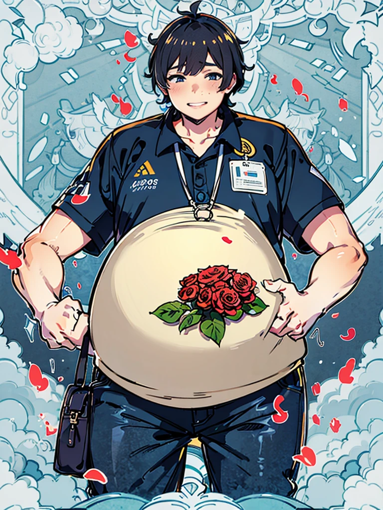 Best quality, Ultra-high resolution, Young obese man，Big Fat Man，Smile，Uniforms，Flower petals all over the sky，sunny，