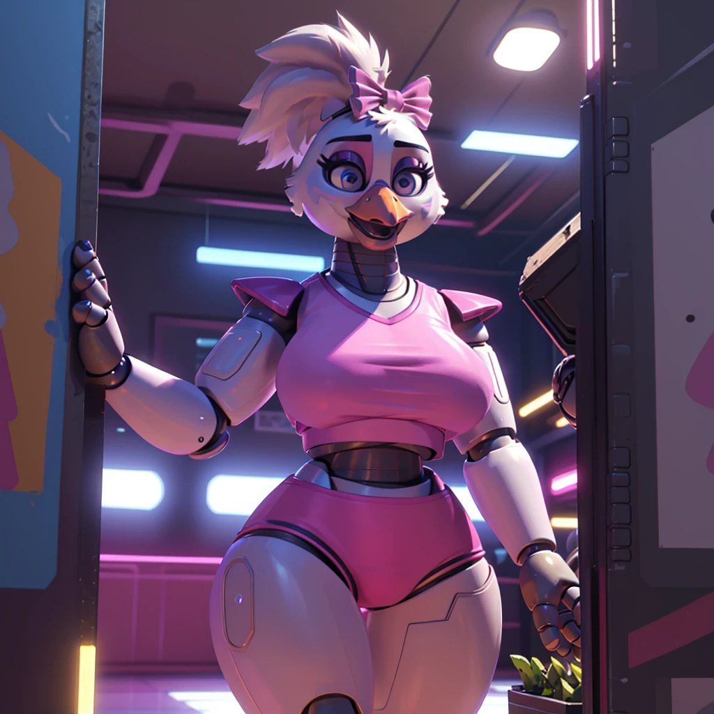 (masterpiece), ((perfect anatomy)), (high Res), (4k), Chicken, huge breast, wide hips, (robot), (animatronic), (((spandex pink shirt))), (((Spandex pink shorts))), happy, ponytail, (((((realistic artstyle))))), (((solo))), narrow waist