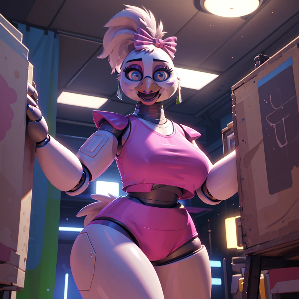 (masterpiece), ((perfect anatomy)), (high Res), (4k), Chicken, huge breast, wide hips, (robot), (animatronic), (((spandex pink shirt))), (((Spandex pink shorts))), happy, ponytail, (((((realistic artstyle))))), (((solo))), narrow waist