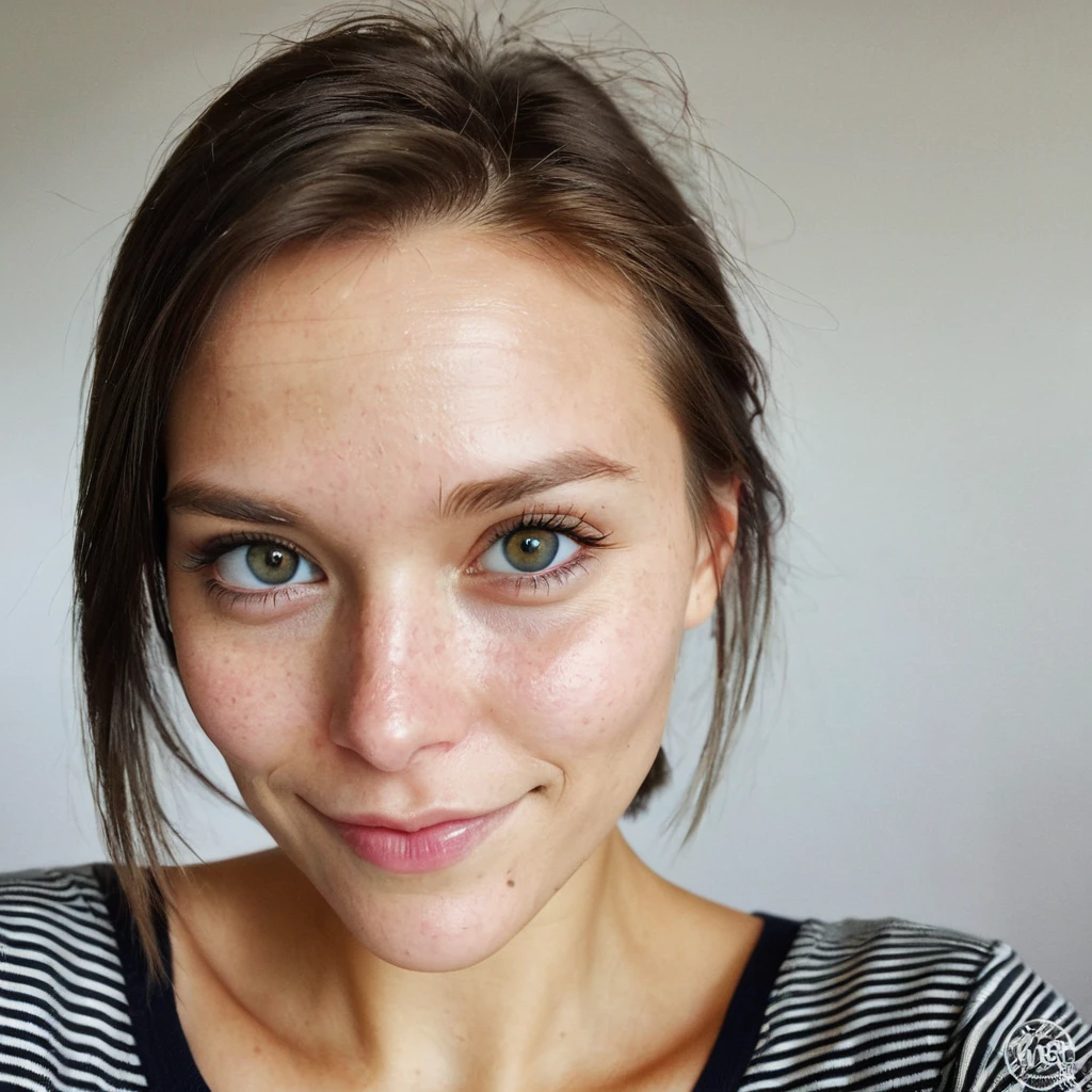 hyper detailed instagram selfie, a beautiful 30 year old woman, slight smile, detailed skin face and eyes, natural lighting, at school, short hair, wearing cute , film grain, low contrast, natural face, eyes, Norway