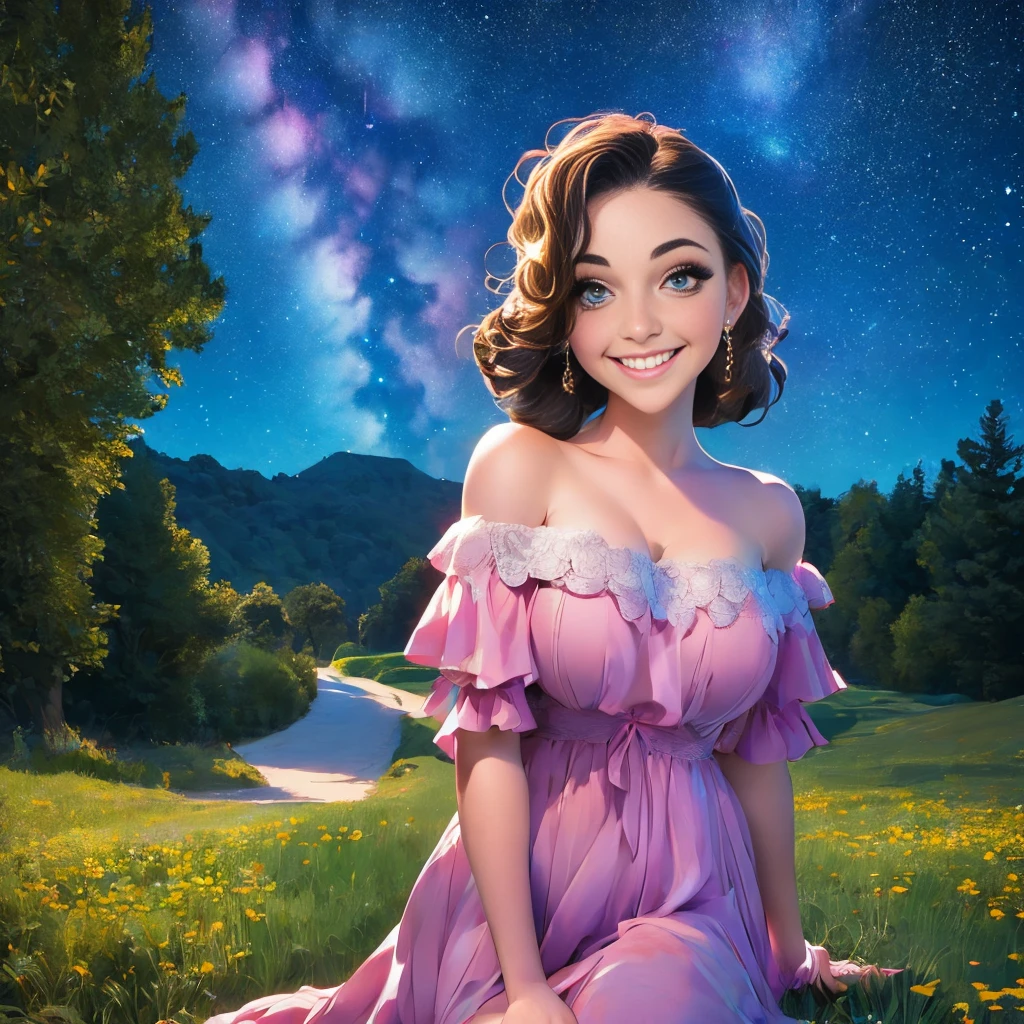 Best quality, masterpiece, ultra high res, (photorealistic:1.4), raw photo, 1girl, 30 yo woman, off shoulder dress, smile, glamorous clothing, country lane, vivid starry sky