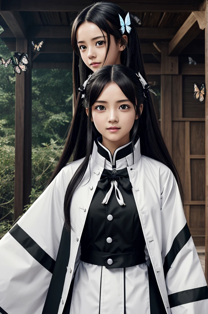 Screenshot of kimetsu no yaiba There is a girl with long straight brown hair, her black eyes with a delicate smile, she is wearing a white and black raincoat and black butterflies underneath, she has the uniform of the hunters from kimetsu no yaiba 