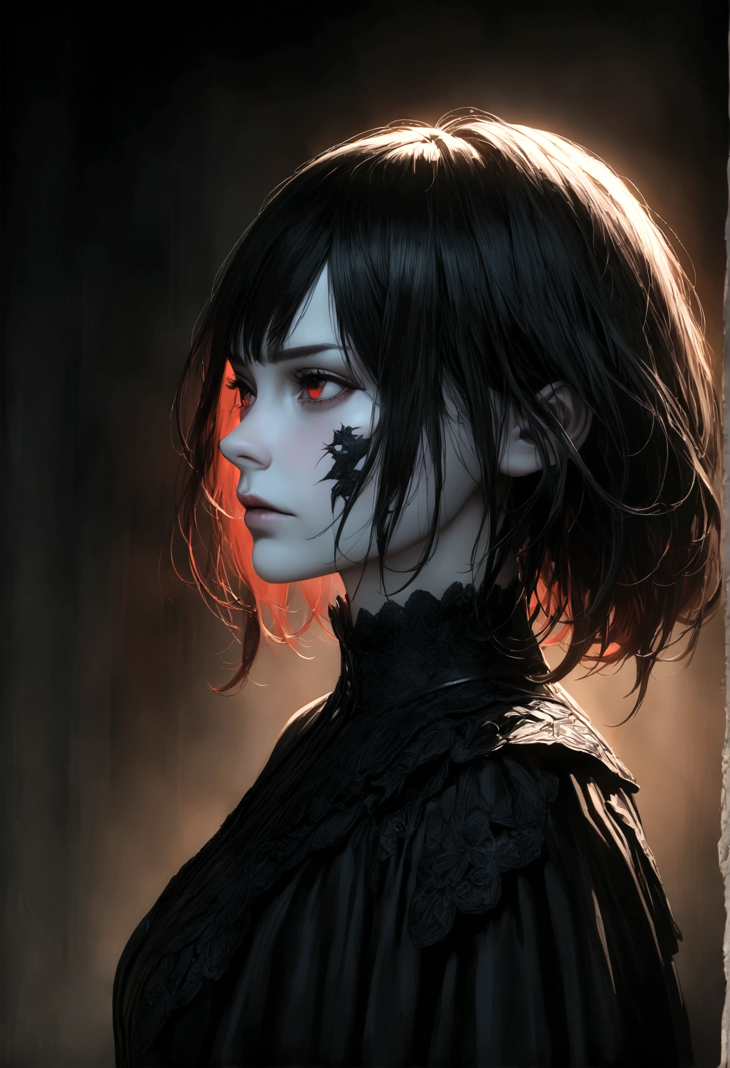 a woman with white skin, black and red eyes, short white and black hair, close-up profile, serious expression, cuts on face, cinematic lighting, dark moody atmosphere, rich colors, high quality, 8k, detailed, photorealistic, dramatic lighting, dramatic shadows, moody, gothic, dark fantasy.