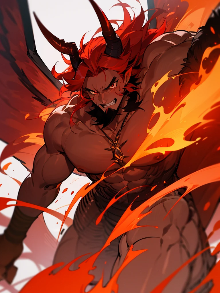 A fire male demon, wings of fire, huge horns, red skin with red body hair, crimson red eyes, its intimidating appearance, make an Ifrit fire demon, body hair, bestial, hell.