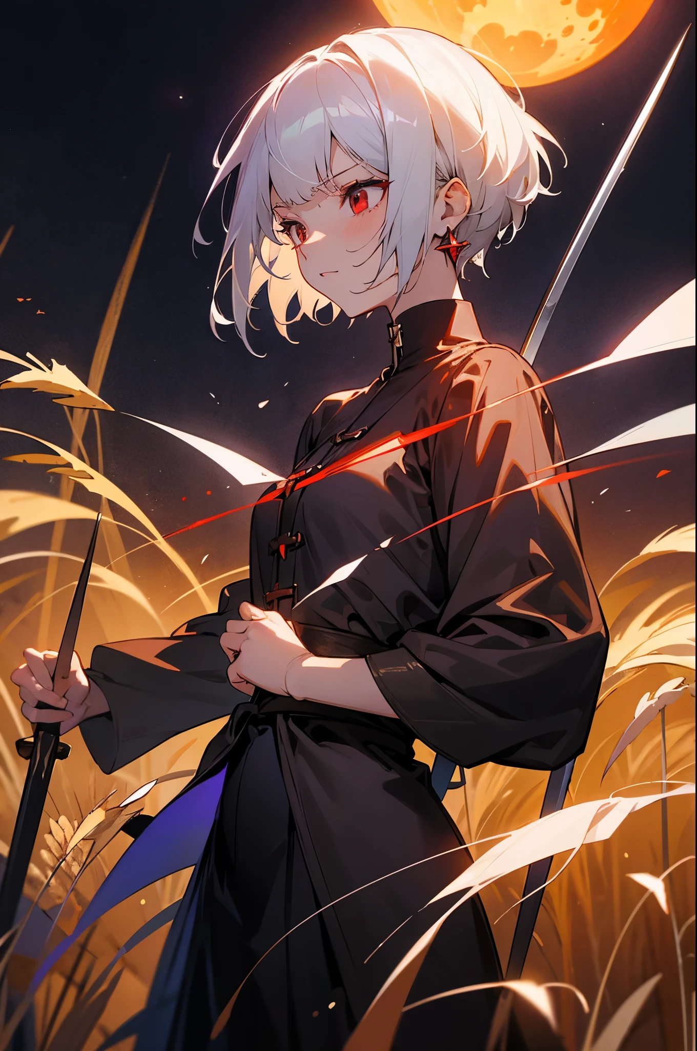 white-haired girl,short haircut, side bangs, gray dark purple leather, Red eyes, cross earring, occultist outfit, dagger in hand,Full-length, Static Pose, A Close Look, night, The light from the lantern, against the backdrop of a medieval street and dark gates Black sky, illuminated by the scarlet moon., wheat field with swords stuck in the ground, manga style, Greek