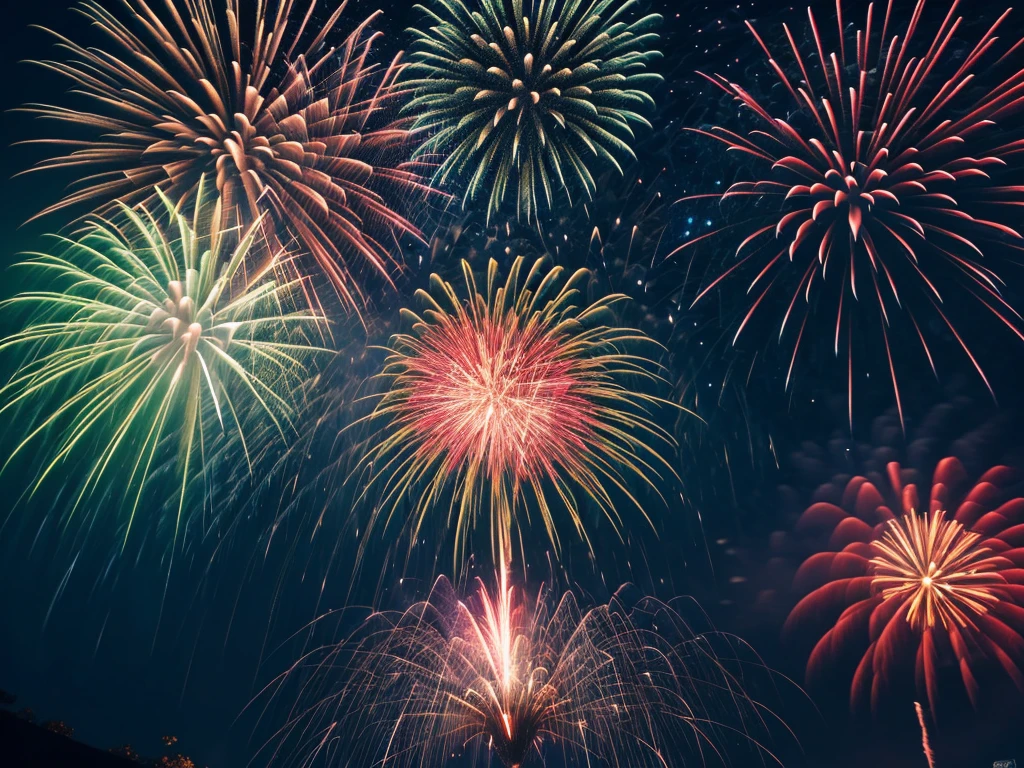a spectacular fireworks display in a night sky, detailed colorful exploding fireworks, dramatic lighting and sparks, cinematic composition, wide angle view, 4k, hyper detailed, vibrant colors, realistic, photorealistic, professional lighting, glowing embers, dramatic chiaroscuro, moody atmosphere, long exposure, dynamic motion blur, dramatic silhouettes, cinematic framing, stunning visual effects

