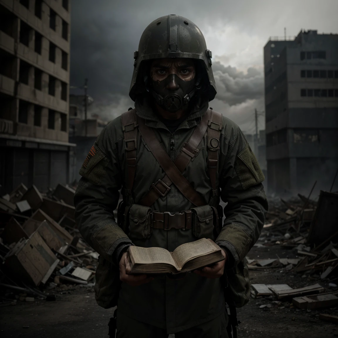 apocalyptic, soldier man with crazy stare, stressful sight, shocked sight, smoke, cloudy gray sky, 4:00 p.m. day time, extremely detailed, masterpiece, the better quality, 8K UHD, close up, face portrait, tactical gear, holding a Bible, highly detailed devastated big city background, afternoon a little bit dark atmosphere, volumetric illumination, a lot of books in the ground, visible devastated cathedral with a cross, helmet,