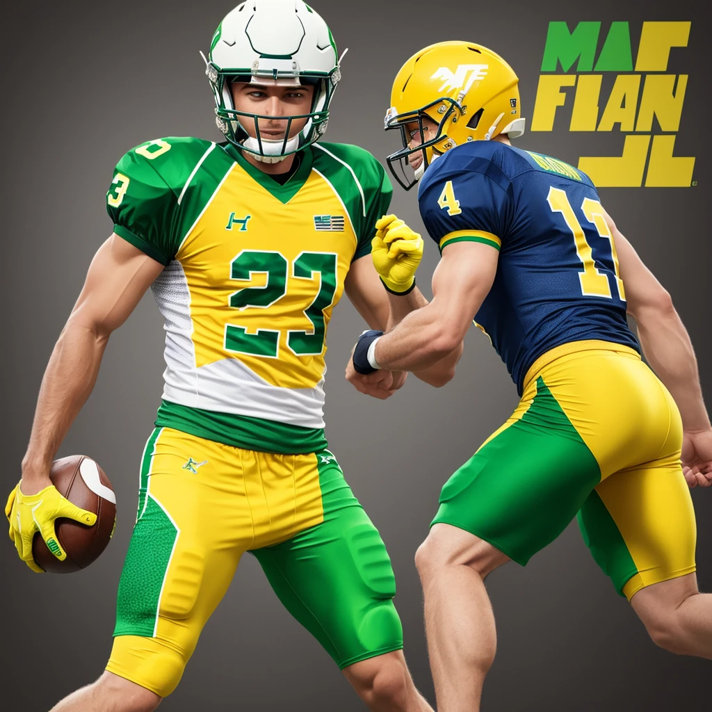 Men’s Flag football uniform, with primary color yellow and green details, must contain a drawing of a corn as a logo and please consider a no sleeve shirt