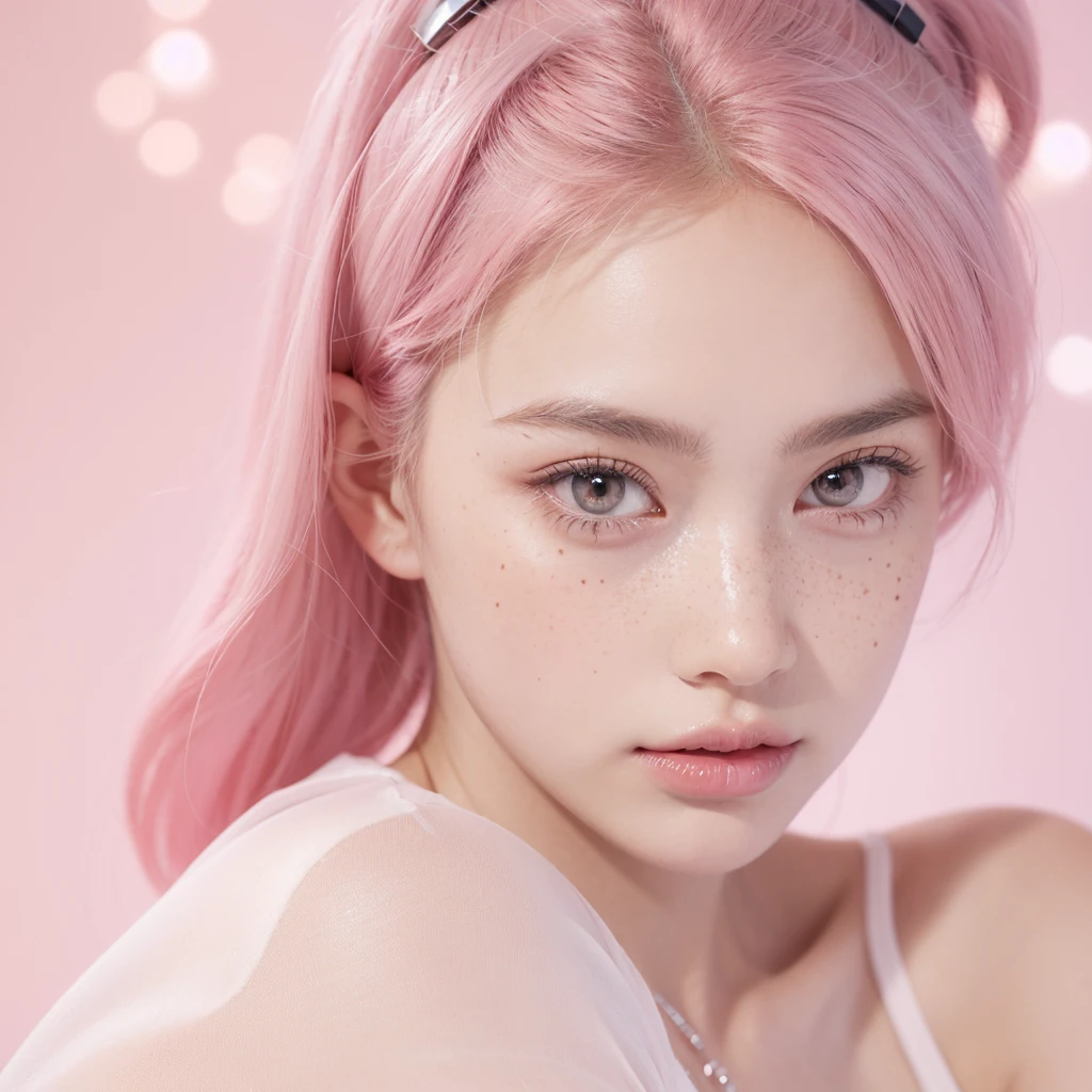 Cute girl short pink hair, with two bows on each side of the hair, all her hair short pink , with a star clip in her pink hair, light colored eyes, pretty eyes, crying eyes, pretty, upturned nose, watery nose, Pretty lips, pink lips, heart and cupid shaped lip, pretty skin, pale, White skin, with moles and freckles all over his face, soft pink blush on the cheeks, natural pink blush, soft pink makeup, Jennie, nice neck, marked collar, frown, tender look, with a kiss necklace, while having a bare abdomen, Delgado, marked and pretty, (big breasts, soft breasts, nice breasts), wearing a Blue white t-shirt, panties , night look, city light, photorealism, 8k , photorealistic , camara little far.