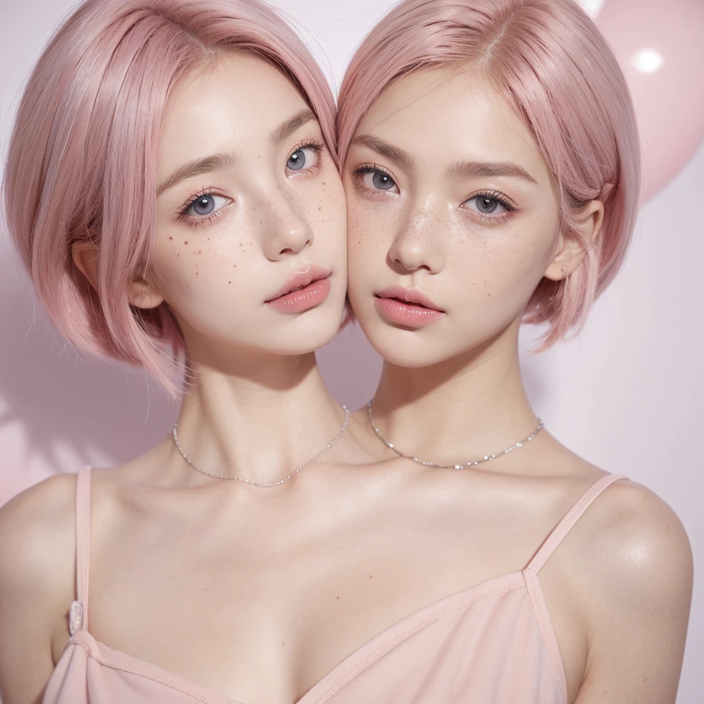 Cute girl short pink hair, with two bows on each side of the hair, all her hair short pink , with a star clip in her pink hair, light colored eyes, pretty eyes, crying eyes, pretty, upturned nose, watery nose, Pretty lips, pink lips, heart and cupid shaped lip, pretty skin, pale, White skin, with moles and freckles all over his face, soft pink blush on the cheeks, natural pink blush, soft pink makeup, Jennie, nice neck, marked collar, frown, tender look, with a kiss necklace, while having a bare abdomen, Delgado, marked and pretty, (big breasts, soft breasts, nice breasts), wearing a Blue white t-shirt, panties , night look, city light, photorealism, 8k , photorealistic , camara little far.