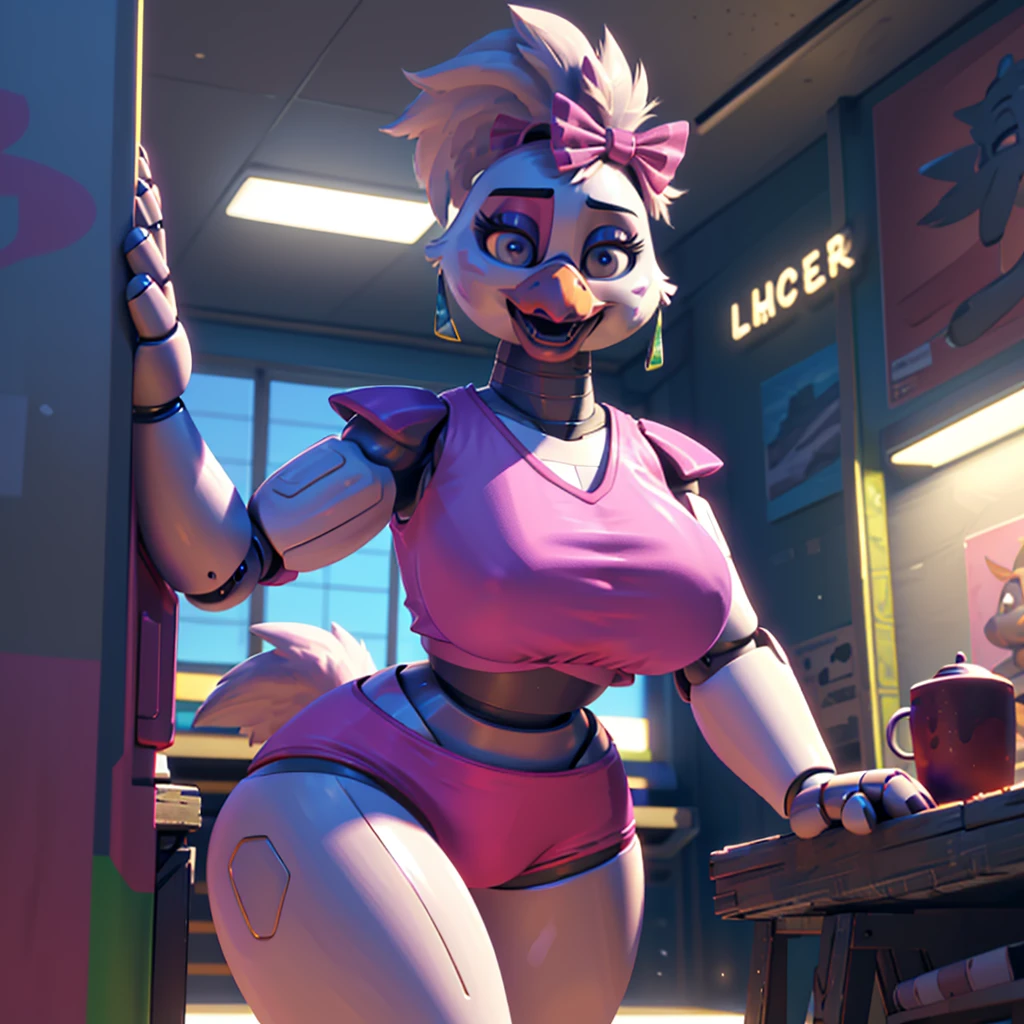 (masterpiece), ((perfect anatomy)), (high Res), (4k), Chicken, huge breast, wide hips, (robot), (animatronic), (((spandex pink shirt))), (((spandex pink shorts))), happy, ponytail, ((((((realistic artstyle)))))), (((solo))), narrow waist