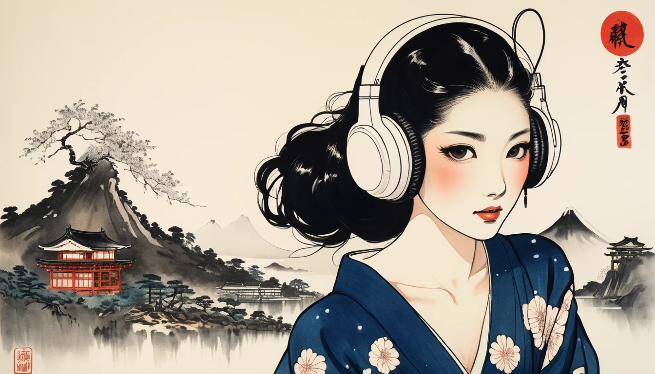 fox mask, Highest quality, Katsushika Hokusai, Ink Painting, (((1 girl))), Japanese style headphones, beautiful girl, Black Hair, Delicate and precise, Modern ukiyo-e style, Darkness
