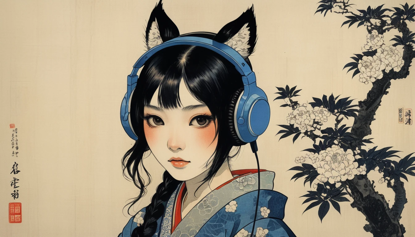 fox mask, Highest quality, Katsushika Hokusai, Ink Painting, (((1 girl))), Japanese style headphones, beautiful girl, Black Hair, Delicate and precise, Modern ukiyo-e style, Darkness