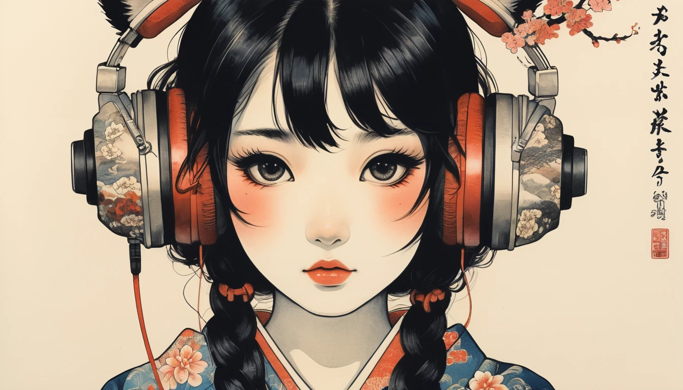 fox mask, Highest quality, Katsushika Hokusai, Ink Painting, (((1 girl))), Japanese style headphones, beautiful girl, Black Hair, Delicate and precise, Modern ukiyo-e style, Darkness