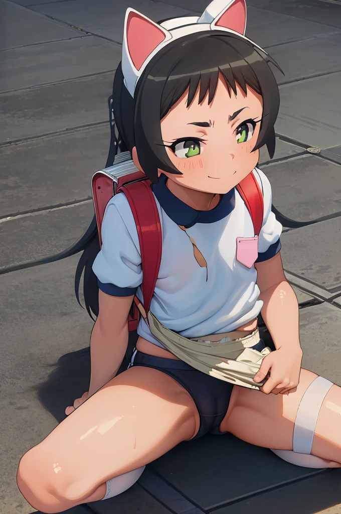masterpiece, ultra quality, ultra sharp, ultra detailed, 1girl, solo, (((good anatomy))), haduki kurumi, (tattered torn dripping wet white gym shirt), navy gym pants, animal ears, randoseru, name tag, Japanese anime pose, laugh, BurumaShorts, Buruma, Gym Uniform, (((sitting, squatting, spread_legs, legspread, split_legs, spreading legs)), (randoseru backpack:1.4), (smug smile), buruma, blue buruma, black buruma, (cameltoe), (tattered torn short sleeve white gym uniform with colored hem), (tiny nipples), (white long loose socks), strong lighting, legspread, bukkake, cum on clothes, cum on legs, cum on buruma, cum on bloomers,