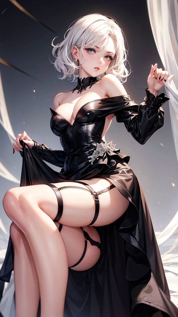 Elegant 27 year old woman,, short wavy white hair, small and fleshy lips, simple makeup, confident look, dressed in a black party dress with an open back, some garter belt, with a little knee neckline 