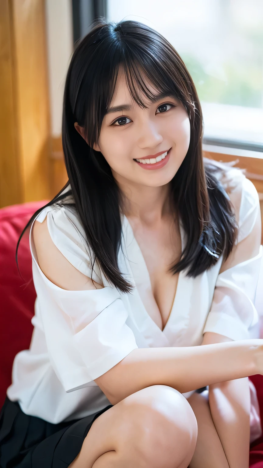 (((Japanese 、Cute girl in her early 20s、office、squat、Lightweight blouse、Her cleavage is visible:1.2、Pleated skirt、smile、Laughter、)))、(((Top-down configuration:1.33)))、(((8K、Highest quality、masterpiece、Ultra-high resolution)))、(Realistic:1.4)、RAW Photos、(Real skin texture:1.3)、(Film Grain:1.3)、((No underwear、Bend one leg))、One Girl、Beautiful and detailed eyes and face、