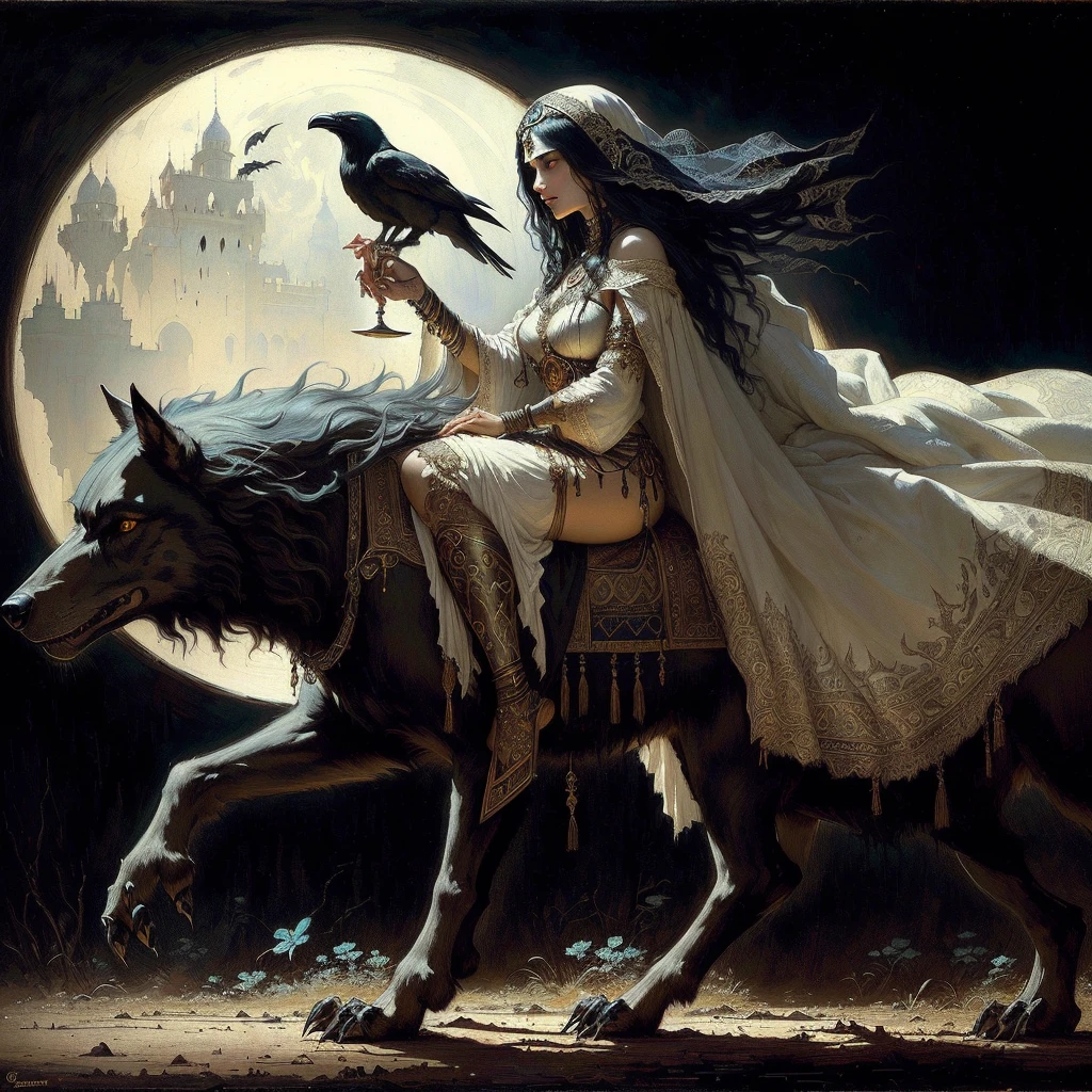 painting of a woman riding a wolf with a bird on her shoulder, in style of dark fantasy art, gothic fantasy art, dark fantasy art, dark fantasy style art, by John Moonan, old - school dark fantasy art, gothic maiden shaman, by tom bagshaw and boris vallejo, dark fantasy oil painting, dark fantasy artwork, medieval fantasy art, fantasy dark art An artistic painting of a vampire woman riding on top of a werewolf holding a fallen man on the ground under the moonlight. She wears a traditional white Moroccan dress. On her hand is a henna pattern. On her leg is a crow anklet. A wine glass. The darkness of the night. Orientalist drawing, Orientalist, Orientalist drawing, Orientalism, Orientalism, by George B. Bridgman, Arab Art, A Dark, Gloomy Orientalism, by Frederick Goodall, A Vital, Sullen Orientalism, by Joseph Noel Paton, John Frederick Lewis, by Julius LeBlanc Stuart