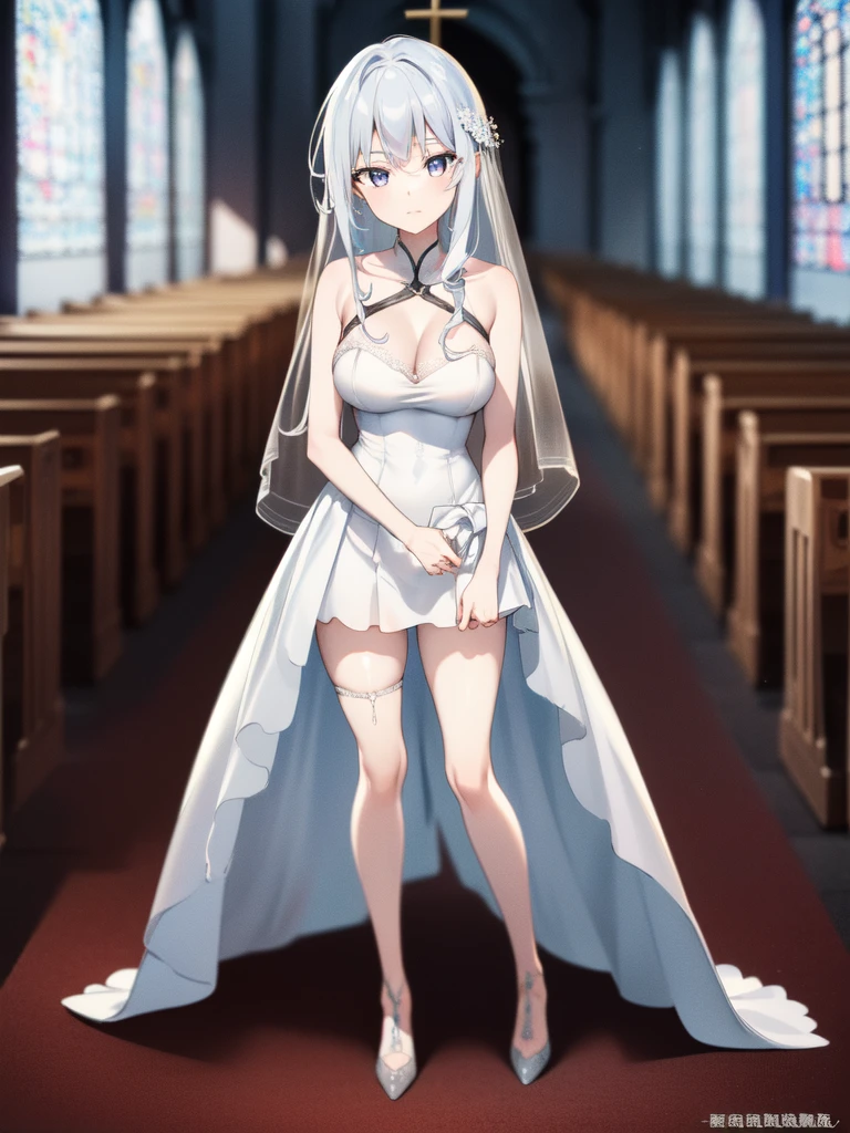 A girl，Long hair, Bangs, White hair, Hair between the eyes, s eyes:（1.5),  (Large Breasts:1.2), 
rest  锁骨, Wedding dress，veil，wedding，White Dress，Flowers，The skirt is broken，White socks，Tights，White knee socks，
Looking at the audience, whole body,
indoors, church，permanent，permanent，
rest (masterpiece:1.2), best quality, high resolution,  8k wallpaper, (illustration:0.8), (美丽细致s eyes:1.6), Extremely detailed face, Perfect lighting, Extremely detailed CG, (Perfect hands, Perfect anatomical structure),