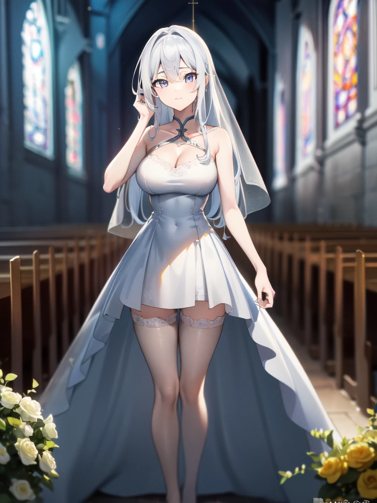 A girl，Long hair, Bangs, White hair, Hair between the eyes, s eyes:（1.5),  (Large Breasts:1.2), 
rest  锁骨, Wedding dress，veil，wedding，White Dress，Flowers，The skirt is broken，White socks，Tights，White knee socks，
Looking at the audience, whole body,
indoors, church，permanent，permanent，
rest (masterpiece:1.2), best quality, high resolution,  8k wallpaper, (illustration:0.8), (美丽细致s eyes:1.6), Extremely detailed face, Perfect lighting, Extremely detailed CG, (Perfect hands, Perfect anatomical structure),