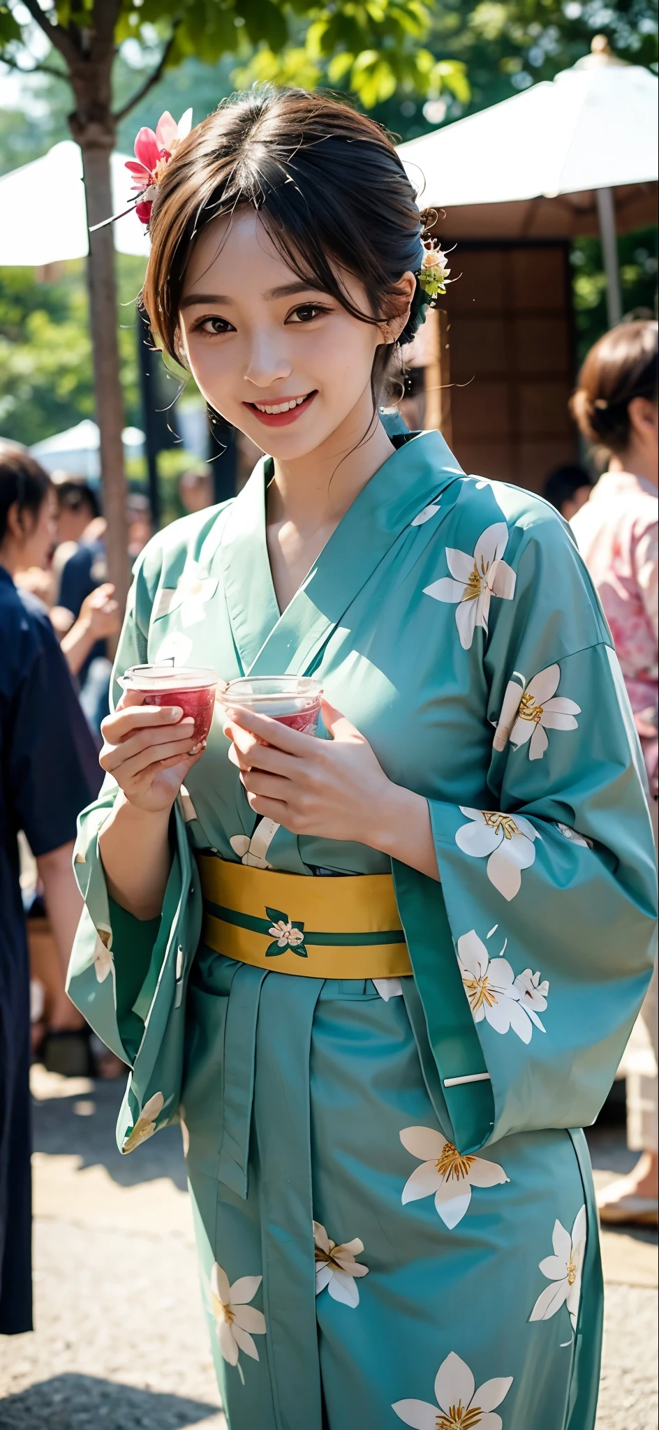 A woman wearing a green floral yukata having fun at a summer festival in the evening。