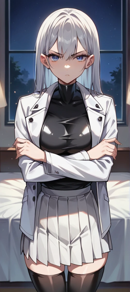 1 girl, ((Girl is curvy and slim, attractive and tall)), ((Girl has long silver hair)), ((purple and blue gradient eyes)), ((Girl wears a black latex shirt, white jacket, short white pleated skirt, black stocking)), ((Girl is in the bedroom)), ((Girl is looking at viewer, serious, crossing arms)), 8k, ray tracing, night, zooming out