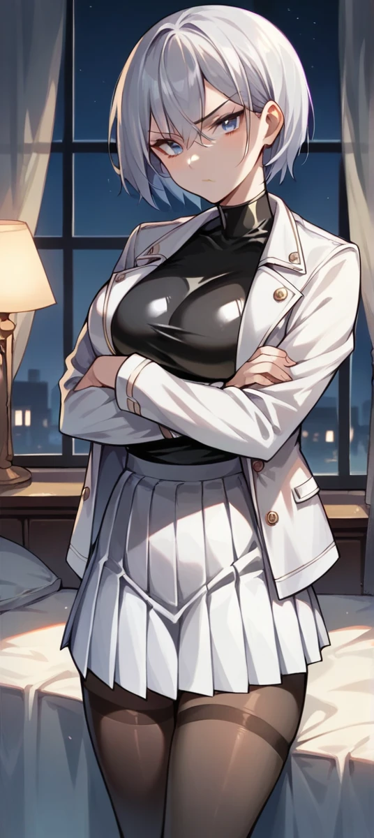 1 girl, ((Girl is curvy and slim, attractive and tall)), ((Girl has long silver hair)), ((purple and blue gradient eyes)), ((Girl wears a black latex shirt, white jacket, short white pleated skirt, black stocking)), ((Girl is in the bedroom)), ((Girl is looking at viewer, serious, crossing arms)), 8k, ray tracing, night, zooming out