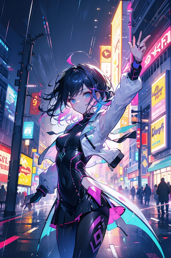 Masterpiece, ultra detailed, beautiful,Super Saturation, Neon Street,1 girl, street, night, rain, colorful, white jacket,From a distance:1.4, cyber punk,vivid,magic,dancing in the rain,dancing:1.6
