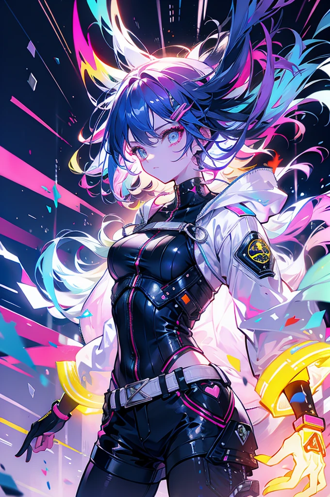 Masterpiece, ultra detailed, beautiful,Super Saturation, Neon Street,1 girl, street, night, rain, colorful, white jacket,From a distance:1.4, cyber punk,vivid,magic,dancing in the rain,dancing:1.6