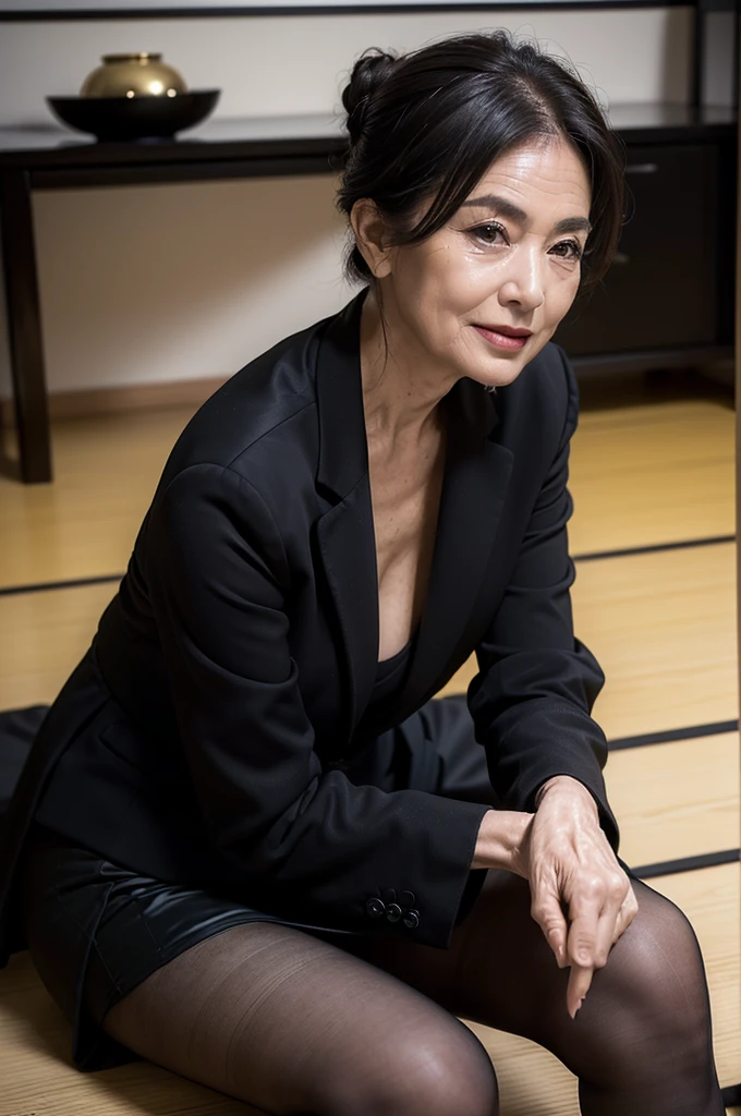 (masterpiece:1.4),(66-year-old woman:1.5),(Facial wrinkles : 1.2),(smirking : 1.1), (Updo : 1.1), (black suit), (black skirt), (black nylon tights : 1.1), Motherhood Mature Woman, (focus on legs : 1), on tatami, traditional japanese room, ashtray made of glass