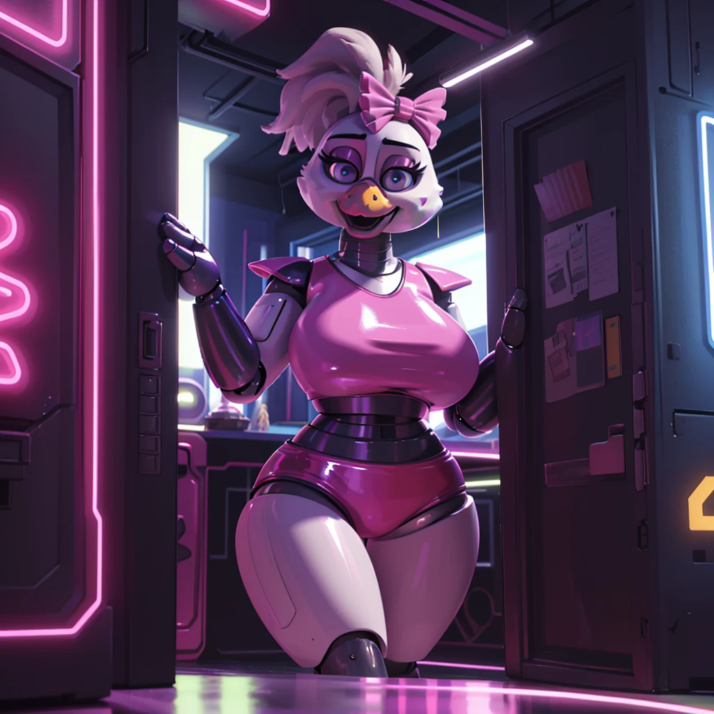 (masterpiece), ((perfect anatomy)), (high Res), (4k), Chicken, huge breast, wide hips, (robot), (animatronic), (((latex pink shirt))), (((latex pink shorts))), happy, ponytail, (((((realistic artstyle))))), (((solo))), narrow waist