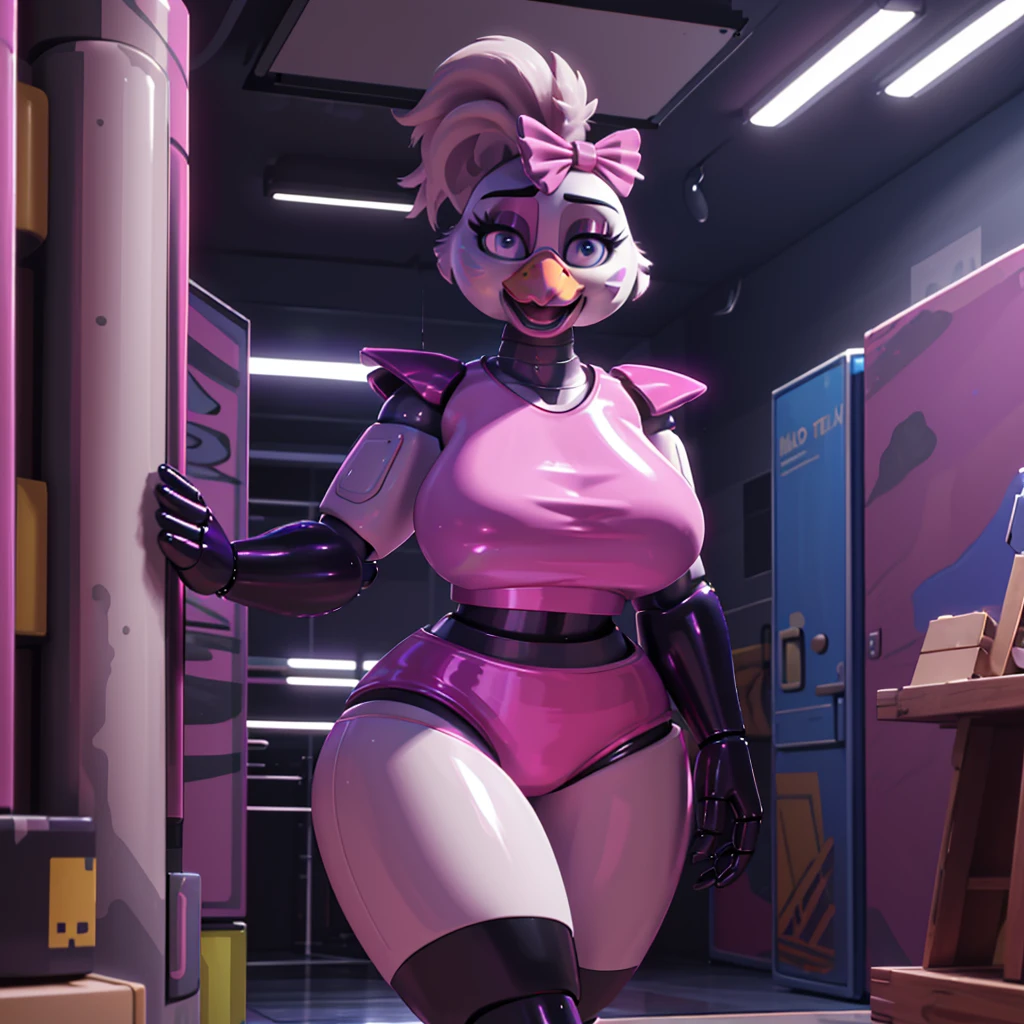 (masterpiece), ((perfect anatomy)), (high Res), (4k), Chicken, huge breast, wide hips, (robot), (animatronic), (((latex pink shirt))), (((latex pink shorts))), happy, ponytail, (((((realistic artstyle))))), (((solo))), narrow waist