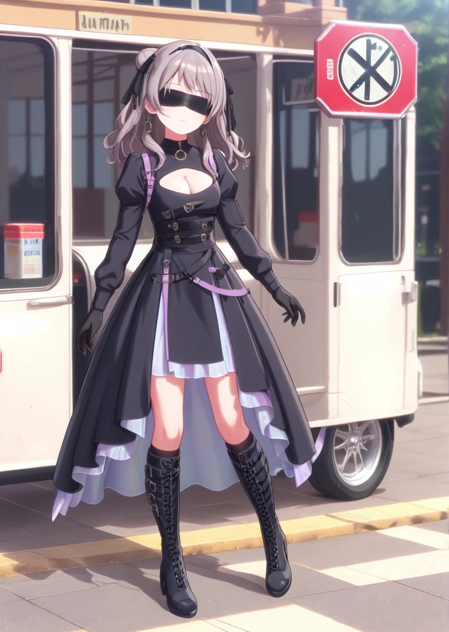 ,2bBlindfold,Gray Hair,One girl,Blindfold,Black Dress,Puffy sleeves,Black hair band,Black gloves,Cleavage cutout,Long sleeve,Juliet Sleeve,Thigh-high boots,Feather ornament sleeves,Knee socks under boots,Black knee socks,turtleneck,Are standing,bus stop,