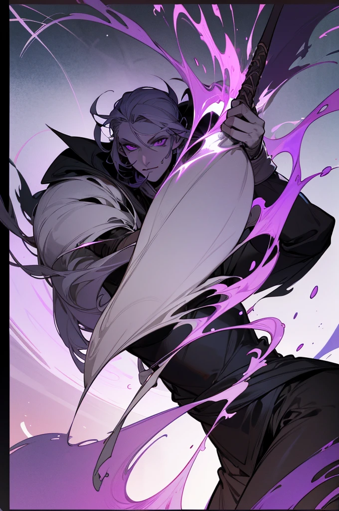 Ilvander Whisperer is a 138-year-old male drow warlock whit a bow in one hand, Whit beautifull ornaments . He has a lot of time, recto, white hair and purple eyes. He has black and silky skin. has a slender, Toned and athletic complexion. He has an oblong face with soft, slightly feminine features.. He carries a bow and leather armor